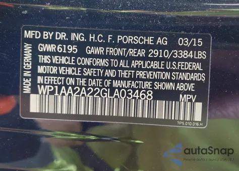 2016 Porsche Cayenne z USA, uszkodzony, nr VIN WP1AA2A22GLA03468